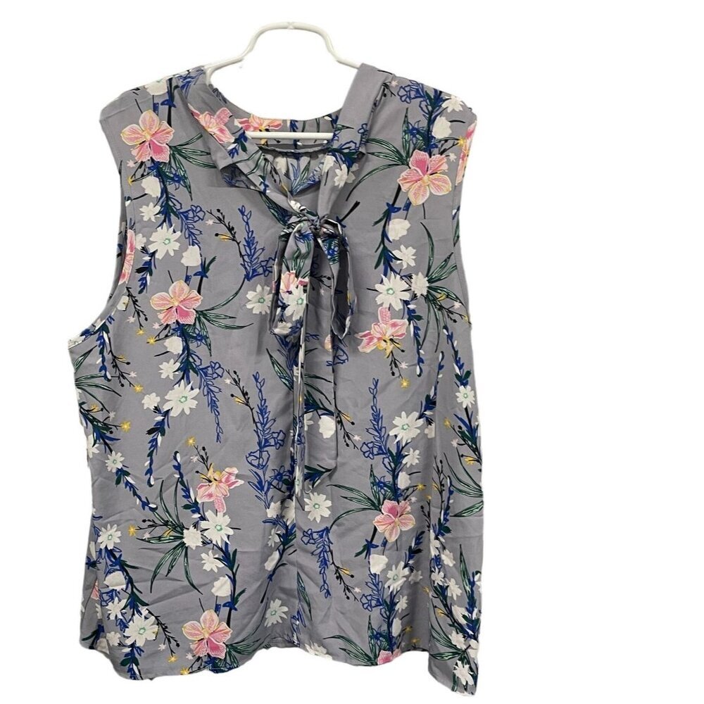 Floral Sleeveless Blouse With Tie‎ Neck 4XL Gray Pink Blue